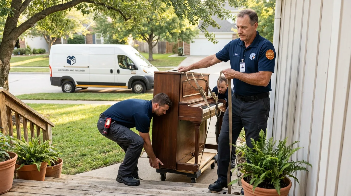 Licensed piano movers securing grand piano in Cuthbert, GA
