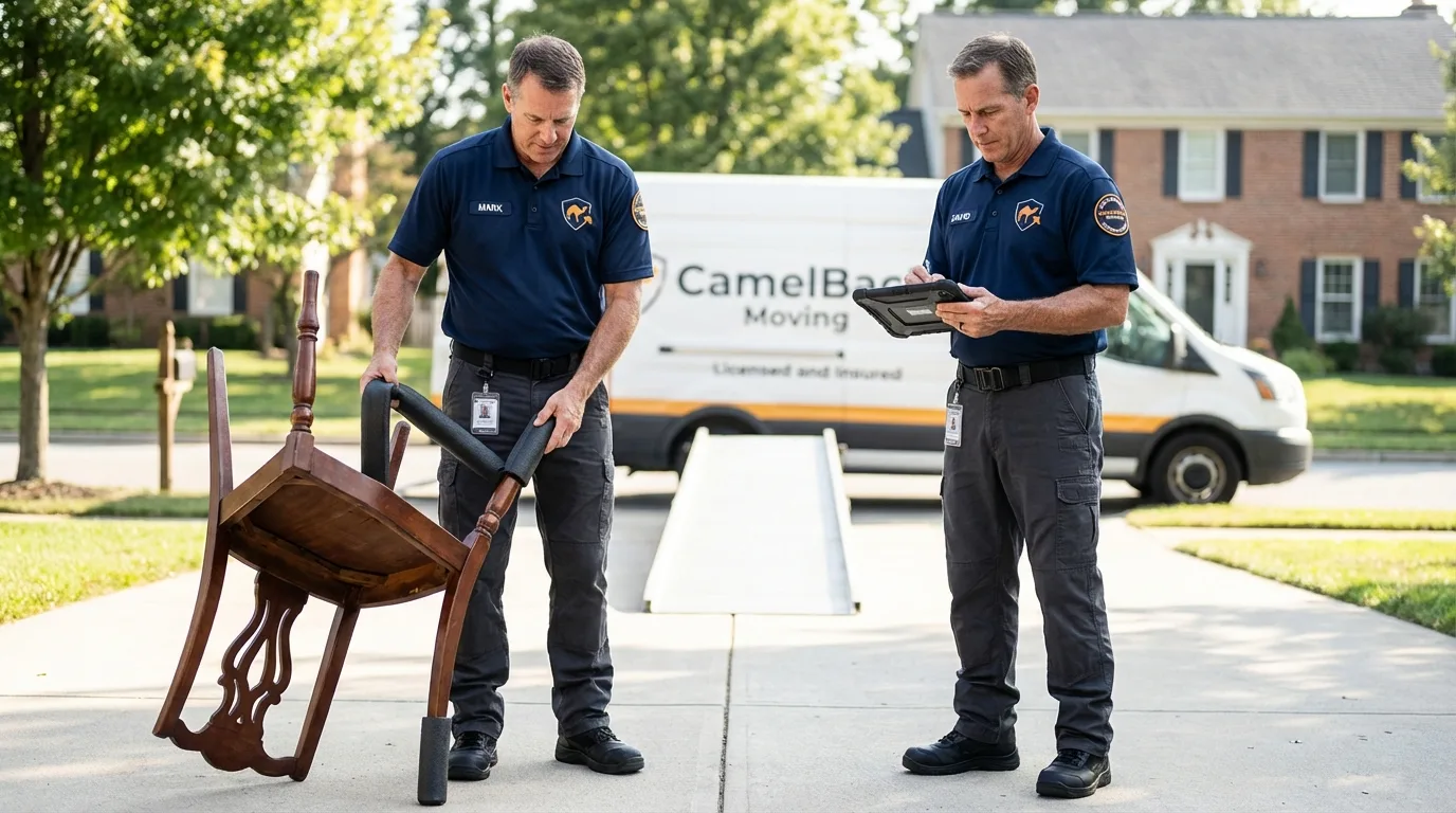 Movers inspecting furniture for damage prevention before loading in Cuthbert, GA